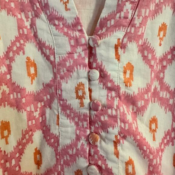 Marea Pink White Ikat Print Short Puff Sleeve Collette Shortie Dress Size Small - Picture 9 of 11